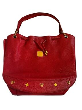MCM Red Pebbled Leather Drawstring Handbag with Gold Accents
